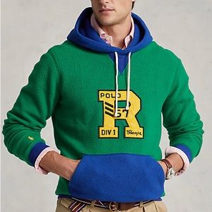 NWT XL Polo Ralph Lauren Brushed Fleece Letterman Hoodie Green Blue Color Block